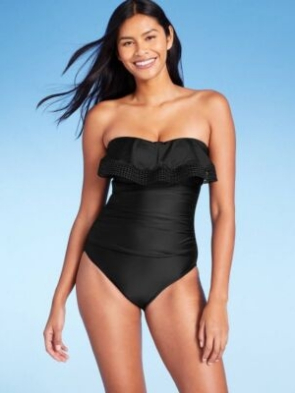 Kona Sol Black Ruffle Crochet Bandeau One-Piece Swimsuit Sz.M